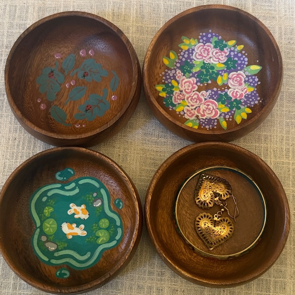 Hand-Painted Wooden Trinket Jewelry Dish  - Choice of Floral Koi Pond Ladybug 4”
